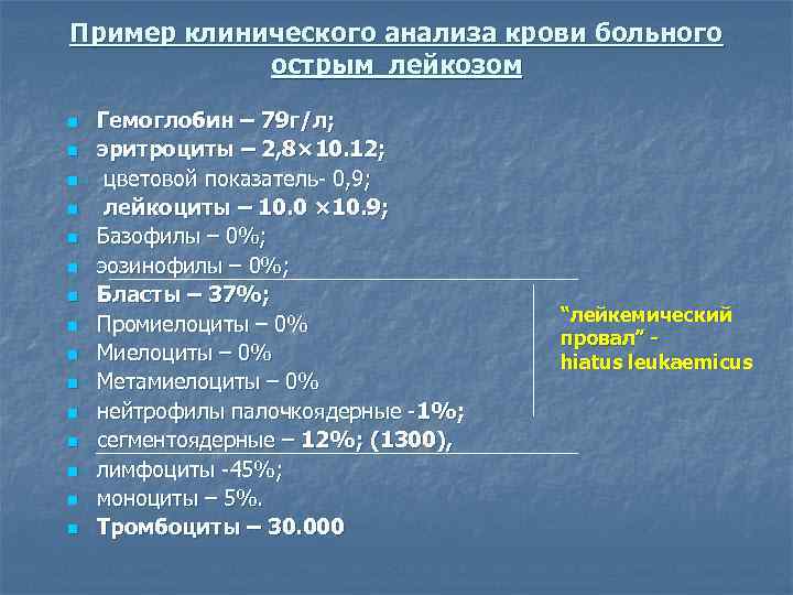 Пример клинического анализа крови больного острым лейкозом n n n n Гемоглобин – 79