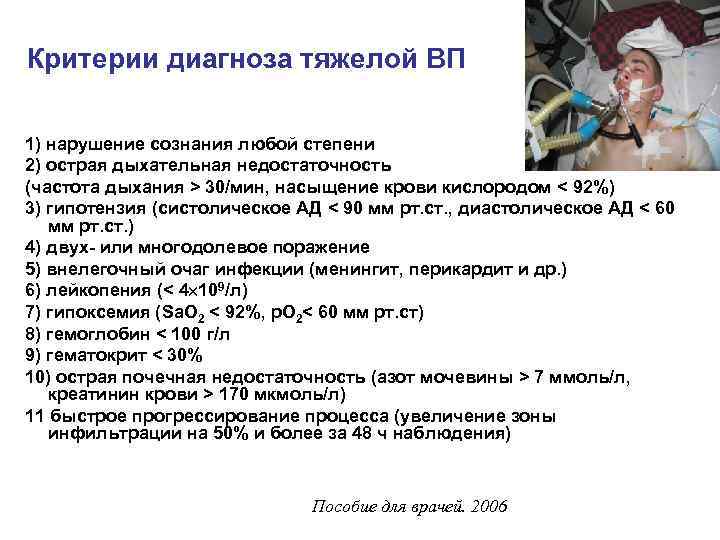 Критерии диагноза тяжелой ВП 1) нарушение сознания любой степени 2) острая дыхательная недостаточность (частота