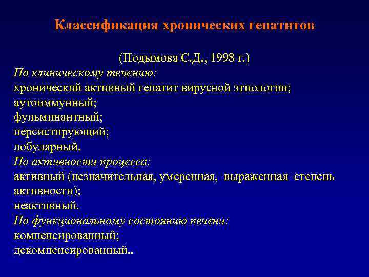 Классификация хронических гепатитов (Подымова С. Д. , 1998 г. ) По клиническому течению: хронический