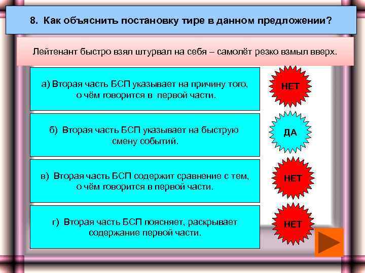 8. Как объяснить постановку тире в данном предложении? Лейтенант быстро взял штурвал на себя
