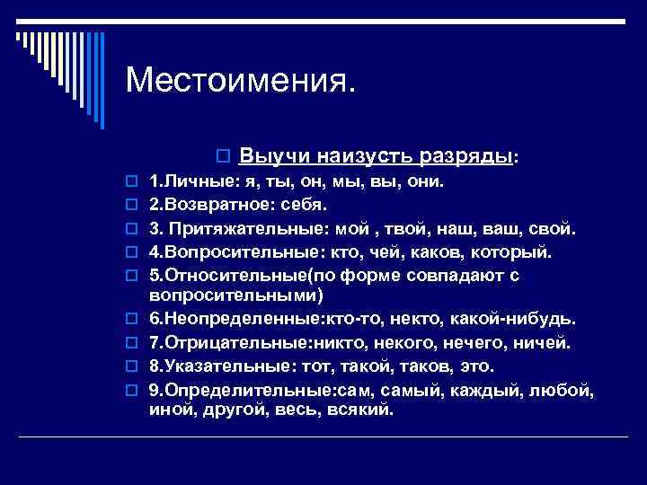 Местоимения. o o o o o Выучи наизусть разряды: 1. Личные: я, ты, он,