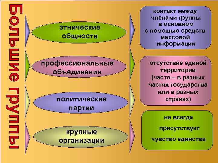 этнические общности профессиональные объединения политические партии контакт между членами группы в основном с помощью