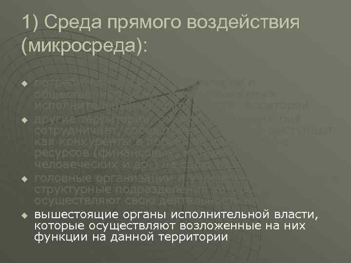 1) Среда прямого воздействия (микросреда): u u потребители ресурсов территории и общественных услуг, предоставляемых