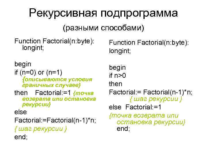 Рекурсивная подпрограмма (разными способами) Function Factorial(n: byte): longint; Function Factorial(n: byte): longint; begin if
