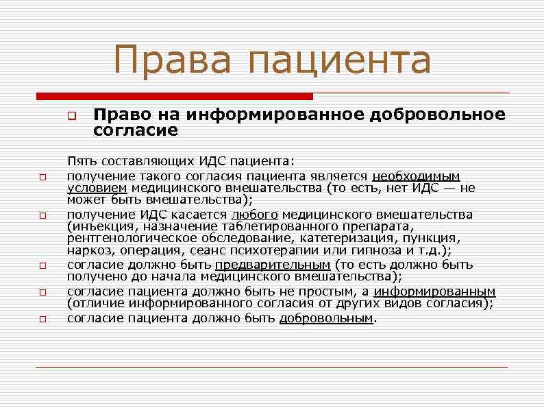 Права пациента q o o o Право на информированное добровольное согласие Пять составляющих ИДС