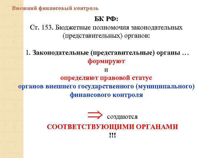 Внешний финансовый контроль БК РФ: Ст. 153. Бюджетные полномочия законодательных (представительных) органов: 1. Законодательные
