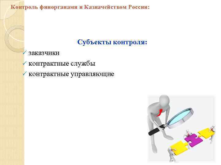 Контроль финорганами и Казначейством России: Субъекты контроля: ü заказчики ü контрактные службы ü контрактные