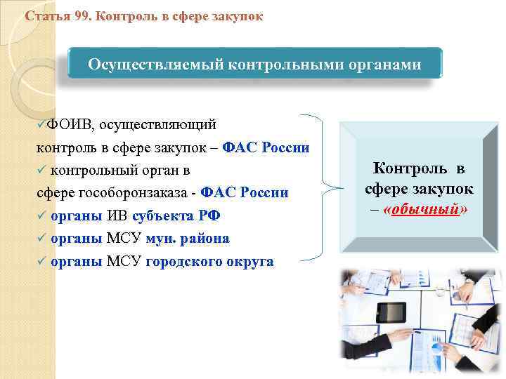 Статья 99. Контроль в сфере закупок Осуществляемый контрольными органами üФОИВ, осуществляющий контроль в сфере