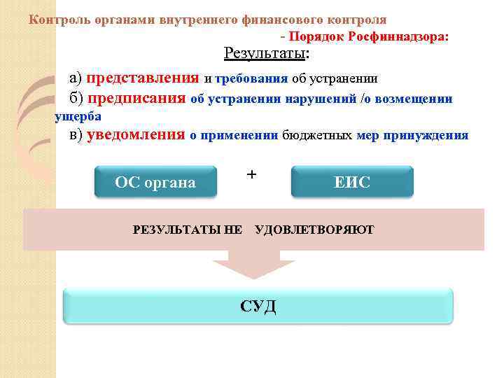 Контроль органами внутреннего финансового контроля - Порядок Росфиннадзора: Результаты: а) представления и требования об