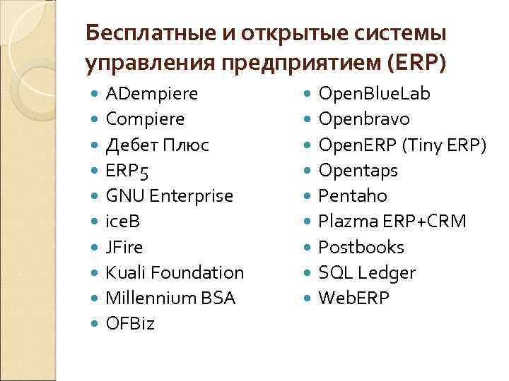 Бесплатные и открытые системы управления предприятием (ERP) ADempiere Compiere Дебет Плюс ERP 5 GNU
