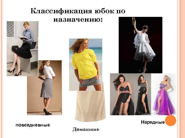 Классификация юбок по назначению: повседневные Нарядные Домашние 