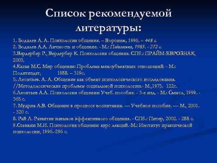 Список рекомендуемой литературы: 1. Бодалев А. А. Психология общения. – Воронеж, 1996. – 448