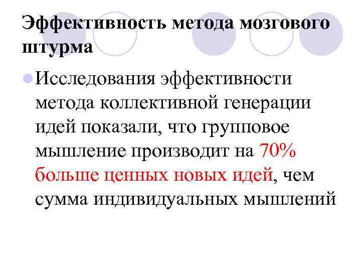 Эффективность метода мозгового штурма l Исследования эффективности метода коллективной генерации идей показали, что групповое