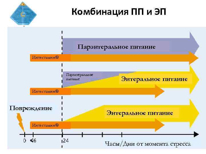 Комбинация ПП и ЭП Парэнтеральное питание Интестамин® Парэнтеральное питание Энтеральное питание Интестамин® Повреждение Энтеральное