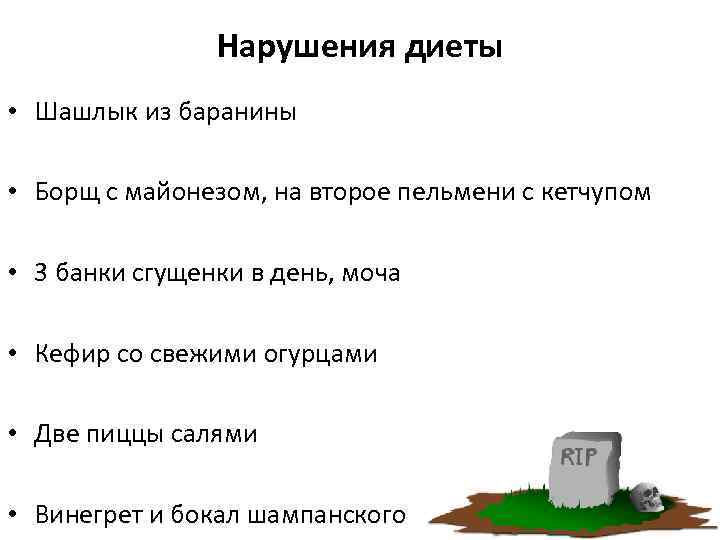 Нарушения диеты • Шашлык из баранины • Борщ с майонезом, на второе пельмени с