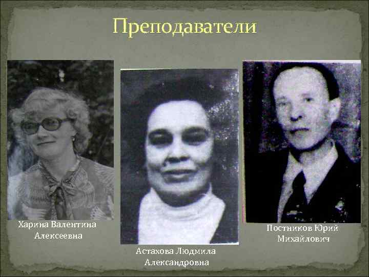 Преподаватели Харина Валентина Алексеевна Постников Юрий Михайлович Астахова Людмила Александровна 