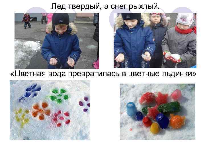  Лед твердый, а снег рыхлый. «Цветная вода превратилась в цветные льдинки» 