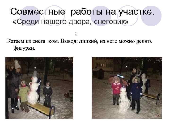 Совместные работы на участке. «Среди нашего двора, снеговик» ; Катаем из снега ком. Вывод: