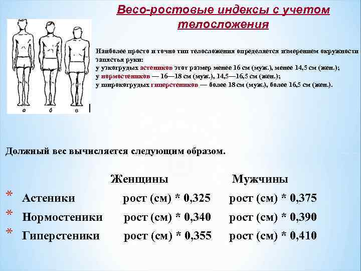 . Весо-ростовые индексы с учетом телосложения Наиболее просто и точно тип телосложения определяется измерением