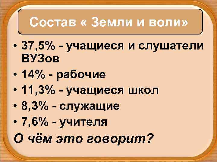 Состав « Земли и воли» • 37, 5% - учащиеся и слушатели ВУЗов •