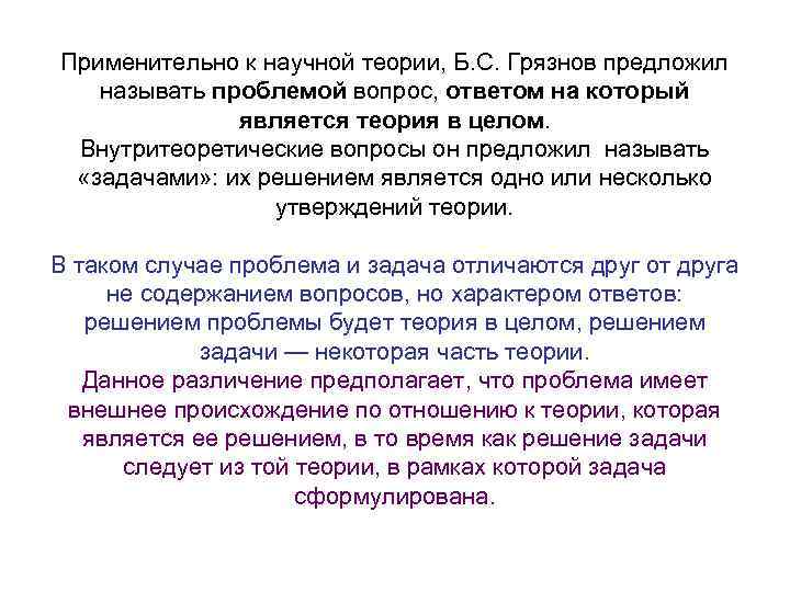 Применительно к научной теории, Б. С. Грязнов предложил называть проблемой вопрос, ответом на который