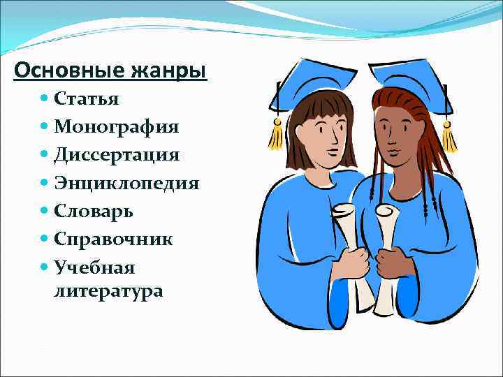 Основные жанры Статья Монография Диссертация Энциклопедия Словарь Справочник Учебная литература 