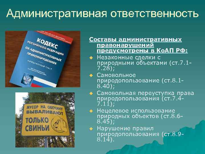 Административная ответственность Составы административных правонарушений предусмотрены в Ко. АП РФ: u Незаконные сделки с