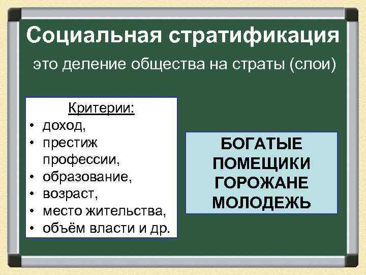 Социальная стратификация это деление общества на страты (слои) • • • Критерии: доход, престиж