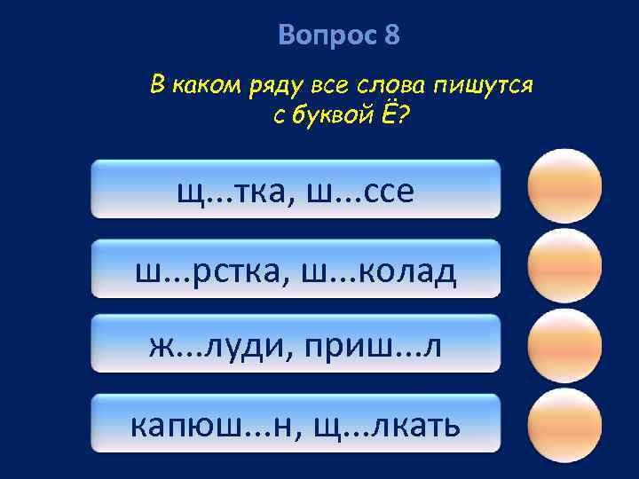 Вопрос 8 В каком ряду все слова пишутся с буквой Ё? щ. . .