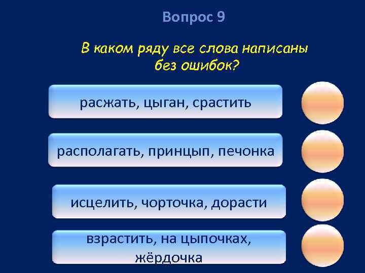 Вопрос 9 В каком ряду все слова написаны без ошибок? расжать, цыган, срастить располагать,