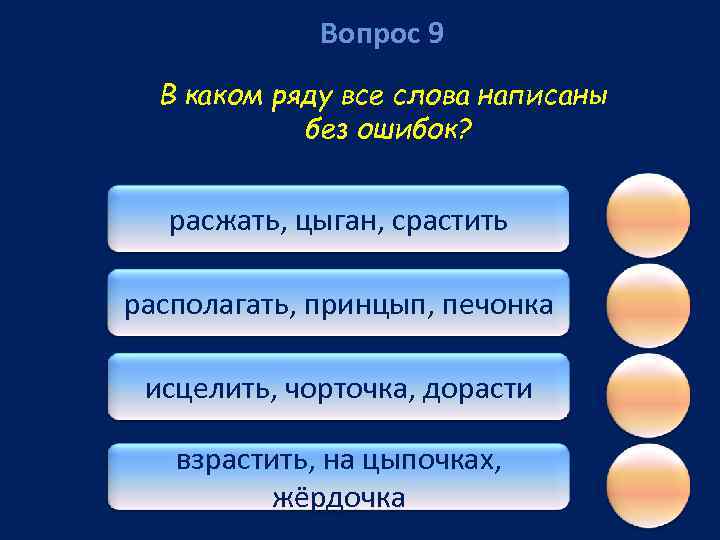 Вопрос 9 В каком ряду все слова написаны без ошибок? расжать, цыган, срастить располагать,