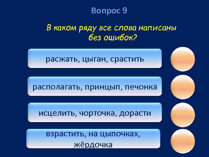 Вопрос 9 В каком ряду все слова написаны без ошибок? расжать, цыган, срастить располагать,