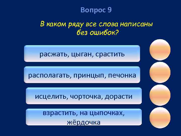 Вопрос 9 В каком ряду все слова написаны без ошибок? расжать, цыган, срастить располагать,