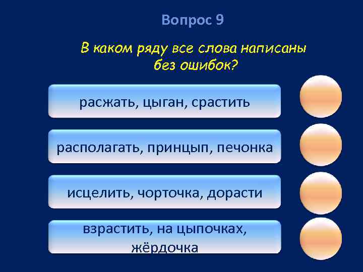 Вопрос 9 В каком ряду все слова написаны без ошибок? расжать, цыган, срастить располагать,