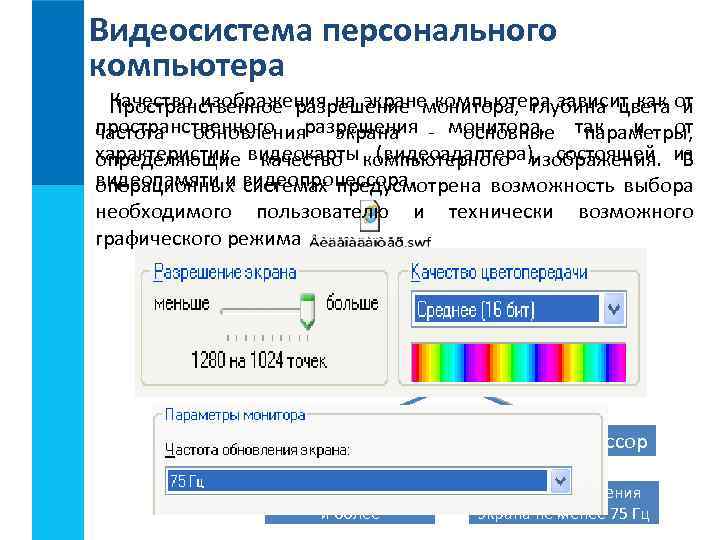 Видеосистема персонального компьютера Качество изображения на экране компьютера зависит как от Пространственное разрешение монитора,
