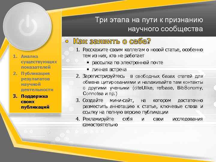 Три этапа на пути к признанию научного сообщества • Как заявить о себе? 1.