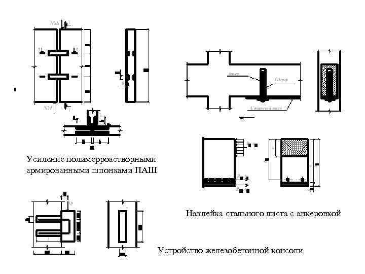 Усиление полимерроастворными армированными шпонками ПАШ Наклейка стального листа с анкеровкой Устройство железобетонной консоли 