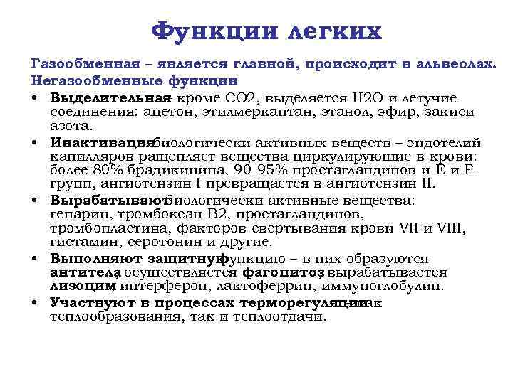 Функции легких Газообменная – является главной, происходит в альвеолах. Негазообменные функции : • Выделительная