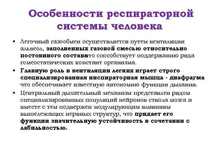 Особенности респираторной системы человека • Легочный газообмен осуществляется путем вентиляции альвеол, заполненных газовой смесью