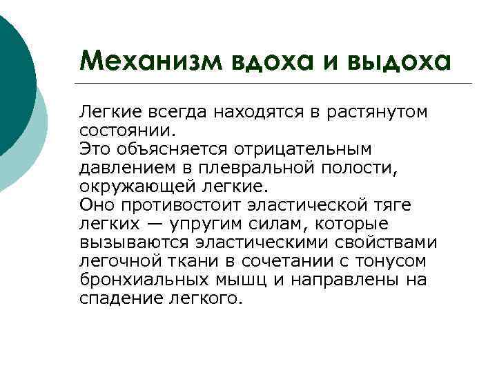 Механизм вдоха и выдоха Легкие всегда находятся в растянутом состоянии. Это объясняется отрицательным давлением