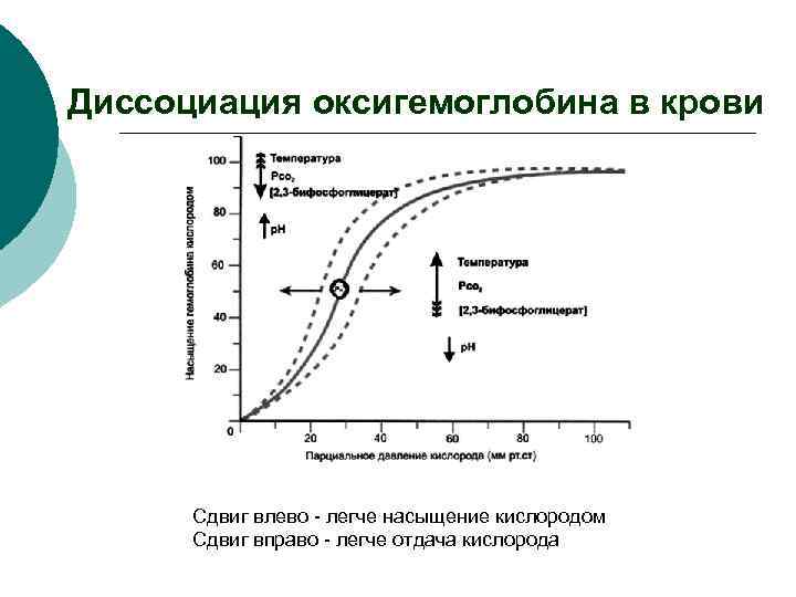 Диссоциация оксигемоглобина в крови Сдвиг влево - легче насыщение кислородом Сдвиг вправо - легче