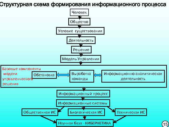 Структурная схема формирования информационного процесса Человек Общество Условие существования Деятельность Решение Модель Управления Базовые