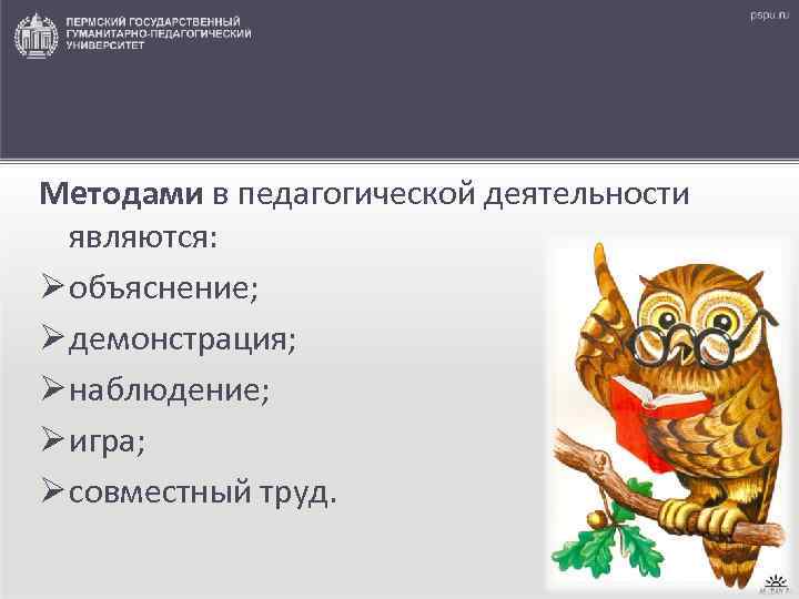 Методами в педагогической деятельности являются: Ø объяснение; Ø демонстрация; Ø наблюдение; Ø игра; Ø