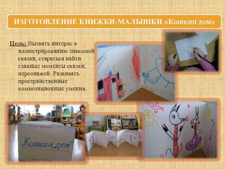 ИЗГОТОВЛЕНИЕ КНИЖКИ-МАЛЫШКИ «Кошкин дом» Цель: Вызвать интерес к иллюстрированию знакомой сказки, стараться найти главные