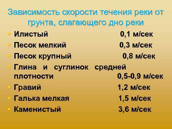Зависимость скорости течения реки от грунта, слагающего дно реки § § § § Илистый