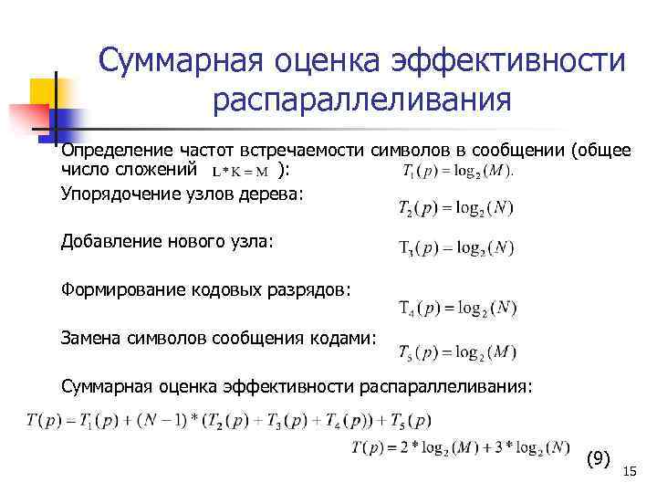 Суммарная оценка эффективности распараллеливания Определение частот встречаемости символов в сообщении (общее число сложений ):