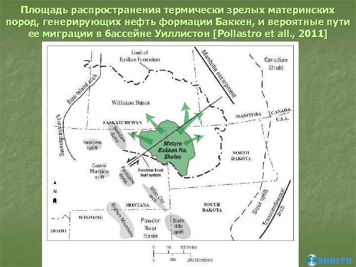 Площадь распространения термически зрелых материнских пород, генерирующих нефть формации Баккен, и вероятные пути ее