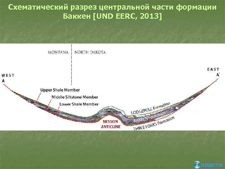 Схематический разрез центральной части формации Баккен [UND EERC, 2013] ВНИГРИ 