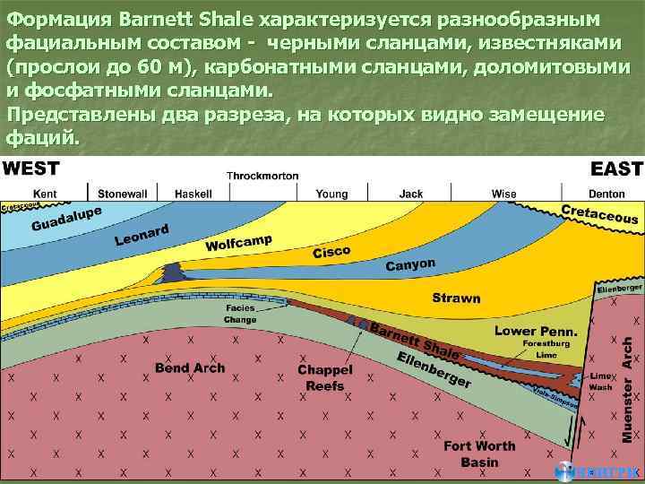 Формация Barnett Shale характеризуется разнообразным фациальным составом - черными сланцами, известняками (прослои до 60