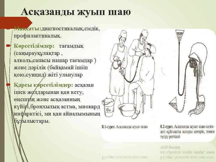 Асқазанды жуып шаю Мақсаты: диагностикалық, емдік, профилактикалық. Көрсетілімдер: тағамдық (саңырауқұлақтар , алколь, сапасы нашар